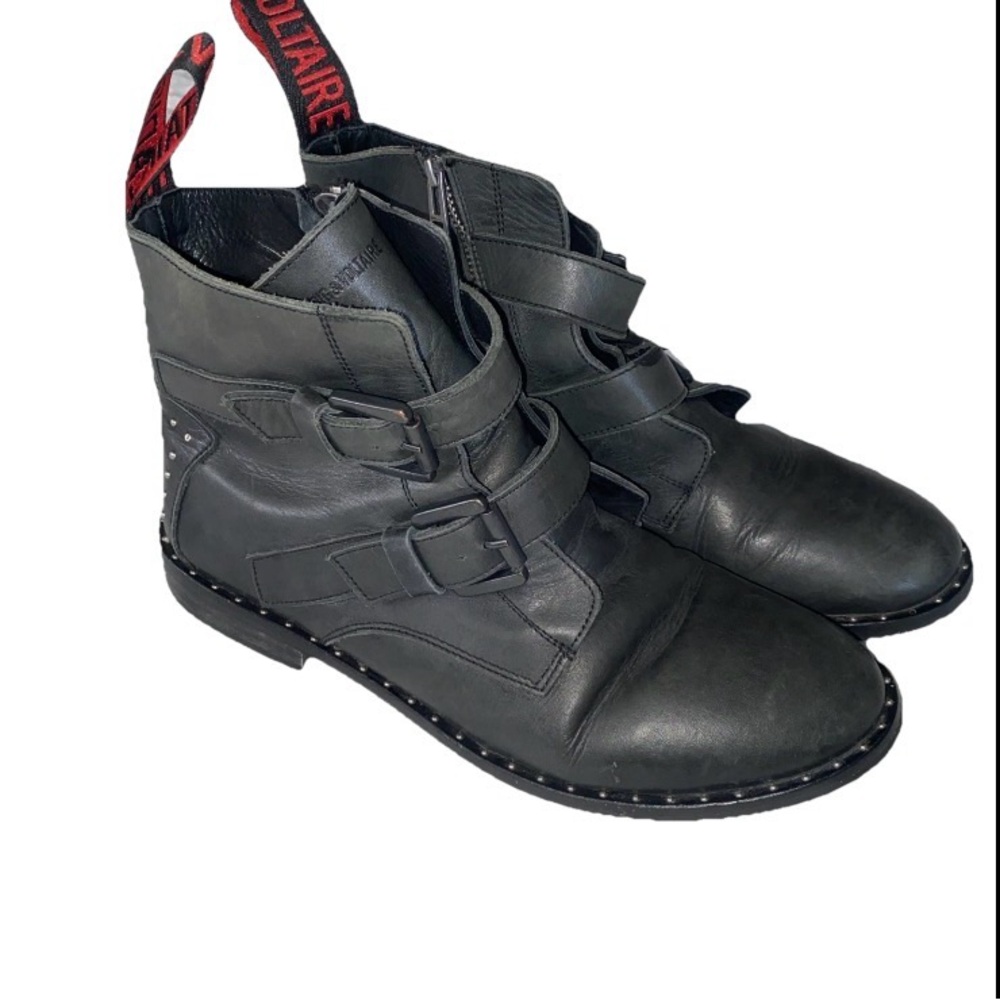 Zadig & Voltaire Paris Buckle Stud Gray Moto Ankle Leather Boots Sz EU39